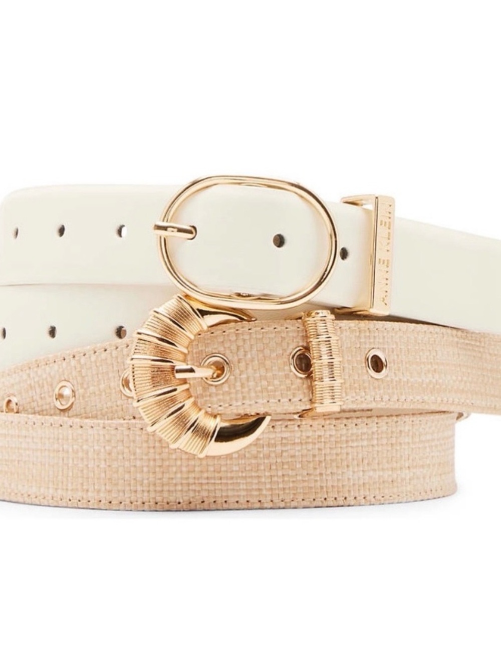 Anne Klein Womens 2-Pack Belt Set Cream Faux‎ Leather Raffia Gold Buckle Size L